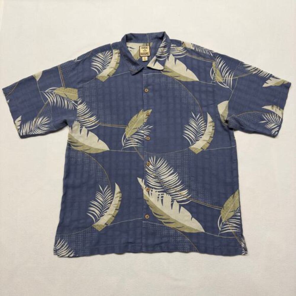 Tommy Bahama Mens Size XL 100% Silk Blue & White Print Hawaiian Camp Shirt‎